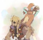  1boy 1girl bartholomew_fatima blonde_hair blue_eyes braid brown_hair eyepatch hat kutta marguerite_fatima single_braid vest xenogears 