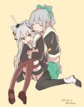  2015 2girls amatsukaze_(kantai_collection) brown_eyes grey_hair gumichoco hair_ribbon hairband hug kantai_collection long_hair multiple_girls ponytail ribbon school_uniform serafuku silver_hair twitter_username two_side_up uniform yuubari_(kantai_collection) 