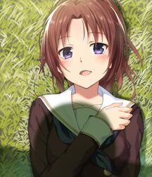  1girl brown_hair cccpo collarbone grass hibike!_euphonium highres long_sleeves looking_at_viewer lying nakagawa_natsuki neckerchief on_back on_grass on_ground open_mouth school_uniform serafuku shadow smile solo violet_eyes 