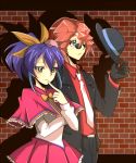  1boy 1girl alternate_costume bespectacled black_gloves blazer bow bowtie brick_wall dennis_macfield detective finger_to_mouth glasses gloves hair_bow hat hat_removed headwear_removed necktie ponytail serena_(yuu-gi-ou_arc-v) short_hair yaharinaneanisu yuu-gi-ou yuu-gi-ou_arc-v 
