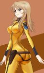  1girl anchor_symbol ass blonde_hair blue_eyes bodysuit breasts highres holster long_hair mori_yuki skin_tight solo uchuu_senkan_yamato uchuu_senkan_yamato_2199 