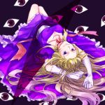  1girl blonde_hair breasts choker cleavage corset dress elbow_gloves eyes frilled_dress frills gloves large_breasts long_hair looking_at_viewer lying on_back purple_background purple_dress ribbon ribbon_choker shi_megumi simple_background smile solo touhou very_long_hair violet_eyes white_gloves yakumo_yukari 