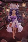  1girl bare_legs book bookshelf breasts ceiling_light cleavage crescent_hair_ornament double_bun dress glasses glasses_removed hair_ornament hair_ribbon kabaji library long_hair looking_at_viewer mob_cap oil_painting_(medium) open_clothes open_mouth open_robe patchouli_knowledge purple_hair red_eyes ribbon rimless_glasses robe sandals sleeves_past_wrists solo stairs striped striped_dress touhou traditional_media tress_ribbon very_long_hair voile 