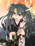  2girls black_hair blue_eyes blush brown_eyes carrying fire grey_hair hair_ribbon hand_on_another&#039;s_shoulder japanese_clothes kantai_collection katsuragi_(kantai_collection) long_hair multiple_girls muneate open_mouth princess_carry remodel_(kantai_collection) ribbon sumeragi_hamao torn_clothes twintails zuikaku_(kantai_collection) 