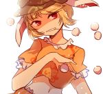  1girl animal_ears backlighting blonde_hair crop_top dango food grin hat highres legacy_of_lunatic_kingdom looking_at_viewer midriff mouth_hold navel puffy_short_sleeves puffy_sleeves rabbit_ears red_eyes ringo_(touhou) short_sleeves skirt smile solo touhou wagashi yetworldview_kaze 