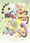  1000marie 3girls blue_skin green_skin landorus long_hair multiple_girls orange_skin personification pokemon short_hair skirt striped striped_legwear tagme tail thigh-highs thundurus tornadus white_hair yellow_eyes 