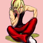  1boy ash_crimson belt black_nails blonde_hair blue_eyes boots chin_rest freckles full_body gorgeo hair_over_one_eye hairband king_of_fighters muscle nail_polish nose pants short_hair sitting solo tank_top 