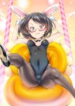  1girl animal_ears black_hair blue_eyes bowtie bunnysuit cushion detached_collar fishnet_pantyhose fishnets glasses highres original pantyhose rabbit_ears short_hair usyuuri wrist_cuffs 