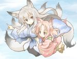  2girls age_difference ahoge animal_ears blush_stickers breasts fox_ears fox_shadow_puppet fox_tail geta highres ichi_hachi_rei_rei japanese_clothes kimono large_breasts long_hair multiple_girls multiple_tails open_mouth original pink_eyes pink_hair silver_hair sky smile tail violet_eyes 