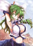  1girl armpits arms_up blue_sky breast_lift breast_squeeze breasts cleavage clouds frog_hair_ornament fumitsuki_(minaduki_6) gohei green_eyes green_hair hair_ornament kochiya_sanae large_breasts long_sleeves midriff navel one_eye_closed open_mouth parody rei_no_himo shirt shrine skirt skirt_set sky smile snake snake_hair_ornament solo tongue tongue_out touhou wide_sleeves 