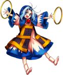  &gt;:d 1girl :d blue_eyes blue_hair full_body harukawa_moe hood hoop jewelry kesa kumoi_ichirin long_sleeves looking_at_viewer necklace official_art open_mouth pendant smile socks solo touhou transparent_background urban_legend_in_limbo wide_sleeves 