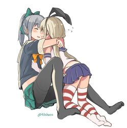  2girls gloves grey_hair gumichoco hair_ribbon hairband hug kantai_collection multiple_girls ponytail ribbon school_uniform serafuku shimakaze_(kantai_collection) smile uniform yuri yuubari_(kantai_collection) 