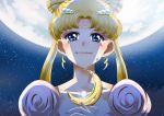  1girl bangs bishoujo_senshi_sailor_moon blonde_hair blue_eyes collarbone double_bun earrings face gem hair_ornament hairclip holding jewelry moon moon_stick night night_sky parted_bangs pearl princess_serenity sad sky solo tears tsukino_usagi tsurukame_(doku) wand 