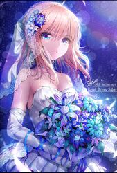  1girl ahoge bare_shoulders blonde_hair blue_eyes blush bouquet bridal_veil bride dress elbow_gloves fate/stay_night fate_(series) flower gloves hisahisahisahisa ribbon saber solo veil wedding_dress white_gloves 