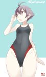  1girl :o antenna_hair character_name collarbone competition_swimsuit covered_navel cowboy_shot kantai_collection looking_away one-piece_swimsuit open_mouth orange_eyes purple_hair sakawa_(kantai_collection) short_hair solo souji swimsuit two-tone_background 