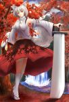  1girl animal_ears autumn autumn_leaves bare_shoulders breasts detached_sleeves forest geta hat huge_weapon inubashiri_momiji looking_at_viewer midriff nail_polish nature navel red_eyes ribbon ribbon-trimmed_sleeves ribbon_trim sarashi shield short_hair silver_hair skirt solo sword tokin_hat touhou water waterfall weapon white_legwear wolf_ears 