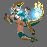  1girl abs breasts claws cleavage clenched_hands dragon_girl full_body green_eyes green_legwear grin horns jumping large_breasts midriff monster_hunter navel orb personification scales sideboob silver_hair smile solo tail talons thigh-highs tim_buktu zinogre 