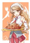  1girl brown_eyes brown_hair chize detached_sleeves food kantai_collection littorio_(kantai_collection) long_hair looking_at_viewer open_mouth pasta red_skirt sketch skirt solo spaghetti 