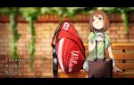  1girl bag bench blurry brown_hair character_name depth_of_field green_shirt hat_around_neck letterboxed orihika_(orihikaaa) shirt short_hair short_sleeves sitting solo sportswear suitcase takamiya_nasuno teekyuu tennis_uniform violet_eyes visor_cap 