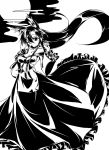  1girl animal_ears bare_shoulders breasts brooch cleavage collarbone dress imaizumi_kagerou jewelry long_hair monochrome moon one_eye_closed oushi solo touhou very_long_hair wolf_ears 