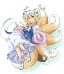  1girl :o animal_ears blonde_hair blush breasts buckle commentary_request floating fox_ears fox_tail kitsune large_breasts long_sleeves mizutani_hozumi mob_cap multiple_tails open_mouth red_eyes shoes socks solo tabard tail touhou wide_sleeves yakumo_ran 