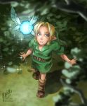  1boy blonde_hair blue_eyes boots edo-sama fairy fairy_wings forest from_above glowing hat highres knee_boots link nature navi ocarina_of_time pointy_ears sparkle the_legend_of_zelda tunic wings 