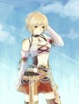  1girl bare_shoulders blonde_hair detached_sleeves fiorun kutta midriff short_hair solo spoilers thigh-highs xenoblade 