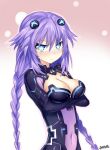  1girl blue_eyes blush braid breasts choujigen_game_neptune cleavage covered_navel crossed_arms hair_ornament highres long_hair looking_at_viewer neptune_(choujigen_game_neptune) neptune_(series) purple_hair purple_heart solo twin_braids 