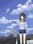  1girl backpack bag bike_shorts brown_hair clouds english fire hitchhiking pleated_skirt sign skirt solo t2o thumbs_down 