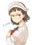  1girl brown_eyes brown_hair capelet character_name glasses hands_on_own_chest higure kantai_collection maid_headdress roma_(kantai_collection) short_hair simple_background solo upper_body white_background 