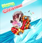  2girls ;) ;p blue_eyes breasts brown_hair bun_bun_(neocoill) chibi christmas cleavage flying hair_bun hover_bike merry_christmas multiple_girls nelle_(neocoill) neocoill one_eye_closed original pink_hair red_eyes sack short_hair smile tongue tongue_out water 