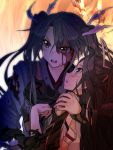  2girls black_hair blood blood_on_face blue_eyes blush brown_eyes carrying fire grey_hair hair_ribbon hand_on_another&#039;s_shoulder injury japanese_clothes kantai_collection katsuragi_(kantai_collection) long_hair multiple_girls muneate open_mouth princess_carry remodel_(kantai_collection) ribbon sumeragi_hamao torn_clothes twintails zuikaku_(kantai_collection) 