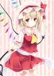  1girl ajiriko ascot blonde_hair bow flandre_scarlet hat hat_bow laevatein mob_cap puffy_short_sleeves puffy_sleeves red_eyes sash shirt short_sleeves side_ponytail skirt skirt_set smile solo striped striped_background touhou vest wings wrist_cuffs 