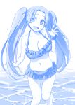  1girl :d bikini blue breasts cleavage collarbone frilled_bikini frills hair_ornament hairclip himura_kiseki large_breasts long_hair monochrome mound_of_venus navel open_mouth original scrunchie smile solo sparkle swimsuit twintails water wet 