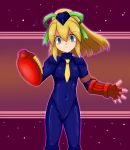  1girl blonde_hair blue_eyes cannon corruption cosplay ebako fingerless_gloves gloves highres juli juli_(cosplay) juni juni_(cosplay) leotard long_hair pantyhose ponytail ribbon rockman rockman_(classic) roll shaded_face standing street_fighter 