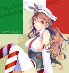  1girl 2015 bare_shoulders breasts brown_eyes brown_hair dated detached_sleeves hat italian italian_flag kantai_collection littorio_(kantai_collection) long_hair necktie ponytail smile tbd11 thigh-highs white_legwear 