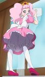 1girl bloomers go!_princess_precure haruyama_kazunori looking_at_viewer looking_back maid personification pink_eyes pink_hair pink_skirt precure puff_(go!_princess_precure) skirt solo twintails underwear white_legwear 