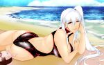  1girl aircraft_carrier_oni alternate_skin_color ass beach blush breasts cleavage earrings highres jewelry kantai_collection karakure_(kamo-nanban) large_breasts lips long_hair lying red_eyes shinkaisei-kan side_ponytail silver_hair sparkle swimsuit water 