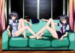  1girl arm_support barefoot black_hair bottomless clothes_removed couch curtains feet glasses green_eyes hair_ornament hairclip highres legs long_hair mole okenokoneko original pleated_skirt school_uniform sitting skirt smile soles solo toes window 