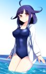  1girl ahoge breasts hair_flaps kantai_collection long_hair low_twintails one-piece_swimsuit purple_hair red_eyes smile solo swimsuit taigei_(kantai_collection) tenken_(gotannda) twintails 