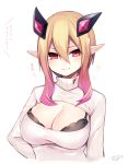  1girl black_bra blonde_hair blush bra breasts cleavage cleavage_cutout dark_falz_apprentice gradient_hair hair_ornament large_breasts looking_at_viewer multicolored_hair muryou open-chest_sweater phantasy_star phantasy_star_online_2 pink_hair pointy_ears red_eyes ribbed_sweater short_hair short_hair_with_long_locks simple_background solo sweater translation_request turtleneck underwear upper_body white_background 