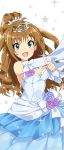  1girl bare_shoulders blue_eyes breasts brown_hair detached_sleeves dress earrings flower hino_akane_(idolmaster) idolmaster idolmaster_cinderella_girls jewelry long_hair mizuki_makoto necklace pointing pointing_at_viewer pose rose solo sparkle strapless_dress tiara 