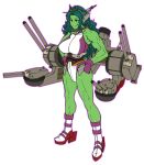  1girl breasts cannon chiba_toshirou fingerless_gloves full_body gloves green_eyes green_hair green_skin hands_on_hips headgear kantai_collection large_breasts leotard long_hair marvel mecha_musume muscle she-hulk shoes smile solo 
