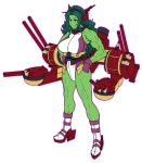  1girl breasts cannon chiba_toshirou fingerless_gloves full_body gloves green_eyes green_hair green_skin hands_on_hips headgear kantai_collection large_breasts leotard long_hair marvel mecha_musume muscle she-hulk shoes smile solo 