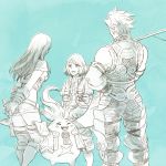  1girl 2boys carna fishing_rod juju_(xenoblade) kutta monochrome multiple_boys rein_(xenoblade) riki_(xenoblade) xenoblade 