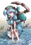  1girl backpack bag barefoot bent_over blue_eyes blue_hair breasts cucumber hair_bobbles hair_ornament hat highres hoshibuchi kawashiro_nitori mechanical_arm puffy_short_sleeves puffy_sleeves shirt short_sleeves skirt solo touhou twintails water 