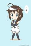  1girl ahoge blue_eyes boots braid chibi elbow_gloves gloves hair_flaps hair_ornament hair_ribbon highres kantai_collection mae_(maesanpicture) remodel_(kantai_collection) ribbon sailor_collar samidare_(kantai_collection) samidare_(kantai_collection)_(cosplay) shigure_(kantai_collection) single_braid solo thigh-highs thigh_boots translated twitter_username 