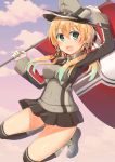  1girl :d absurdres anchor_hair_ornament black_legwear black_skirt blonde_hair blue_eyes flag gloves green_eyes hair_ornament hand_on_headwear hat highres kantai_collection kapatarou kriegsmarine looking_at_viewer low_twintails microskirt military military_hat military_uniform open_mouth peaked_cap pleated_skirt prinz_eugen_(kantai_collection) skirt smile solo thigh-highs twintails uniform white_gloves 