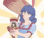  1girl ^_^ animal_ears bad_end blood blood_on_face blood_stain blue_hair closed_eyes hammer inaba_tewi jar mefomefo offering rabbit_ears seiran_(touhou) smile touhou twintails 
