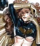  1girl barbara_gordon batgirl blue_eyes breasts crop_top curly_hair dc_comics elbow_gloves gloves highres lips long_hair lying mask mask_removed no_bra nose okada_(hoooojicha) on_back redhead solo under_boob 